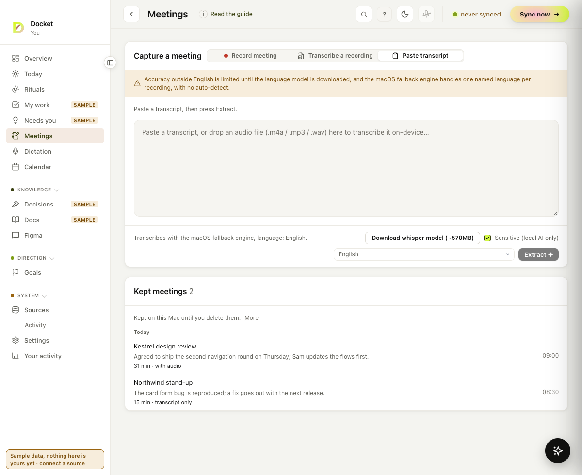 Meetings: Record meeting, Transcribe a recording and Paste transcript at the top, Sensitive (local AI only) ticked, and two kept meetings with their names and one-line summaries.