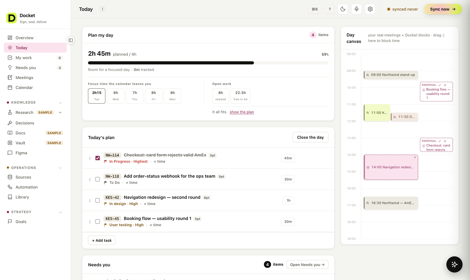 The Today screen: capacity says four hours, three planned items from two Jira accounts each with an estimate, and beside them a day canvas showing the real meetings from the calendar with Docket-made focus blocks marked by a dashed edge. Needs-you sits underneath.